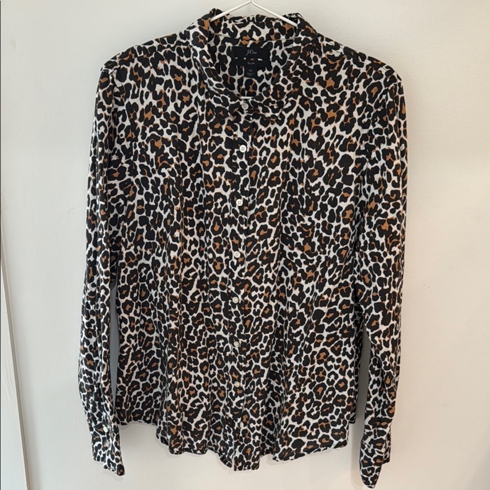 J. Crew Women’s Cheetah Print Linen Blend Button Down Shirt Size 12